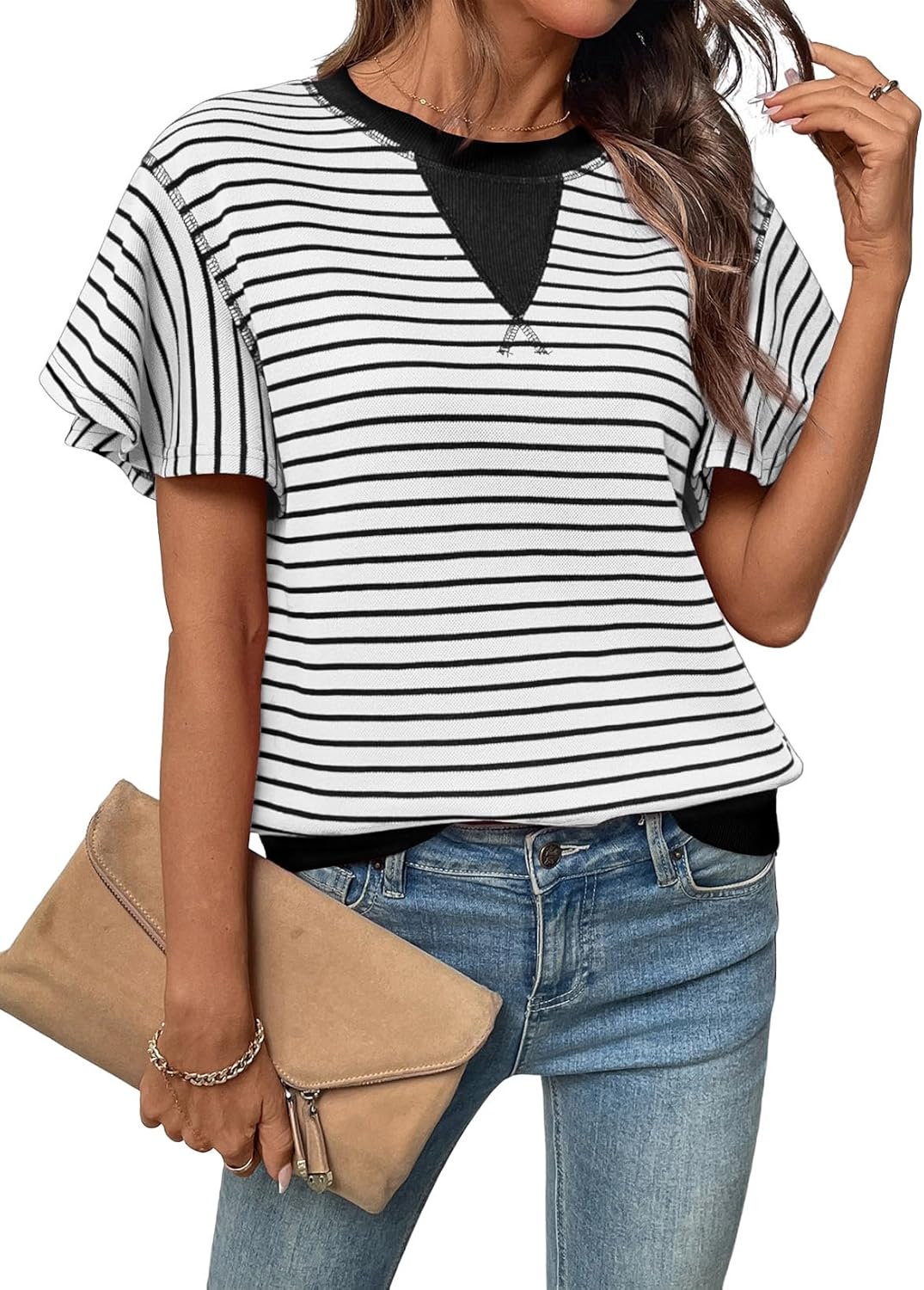 Acelitt Women Crewneck Short Sleeve Striped Tops,S-XXL - Image 2