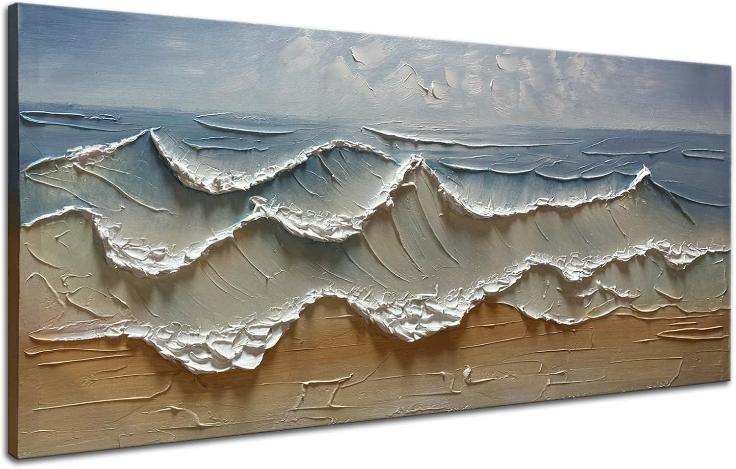 Slyart Abstract Blue Ocean Wave Wall Art, Textured Oil Painting on Canvas Relief Wall Art, 24" x 48" Abstract Modern Sea Artwork Wall, Neutral Wall Decor