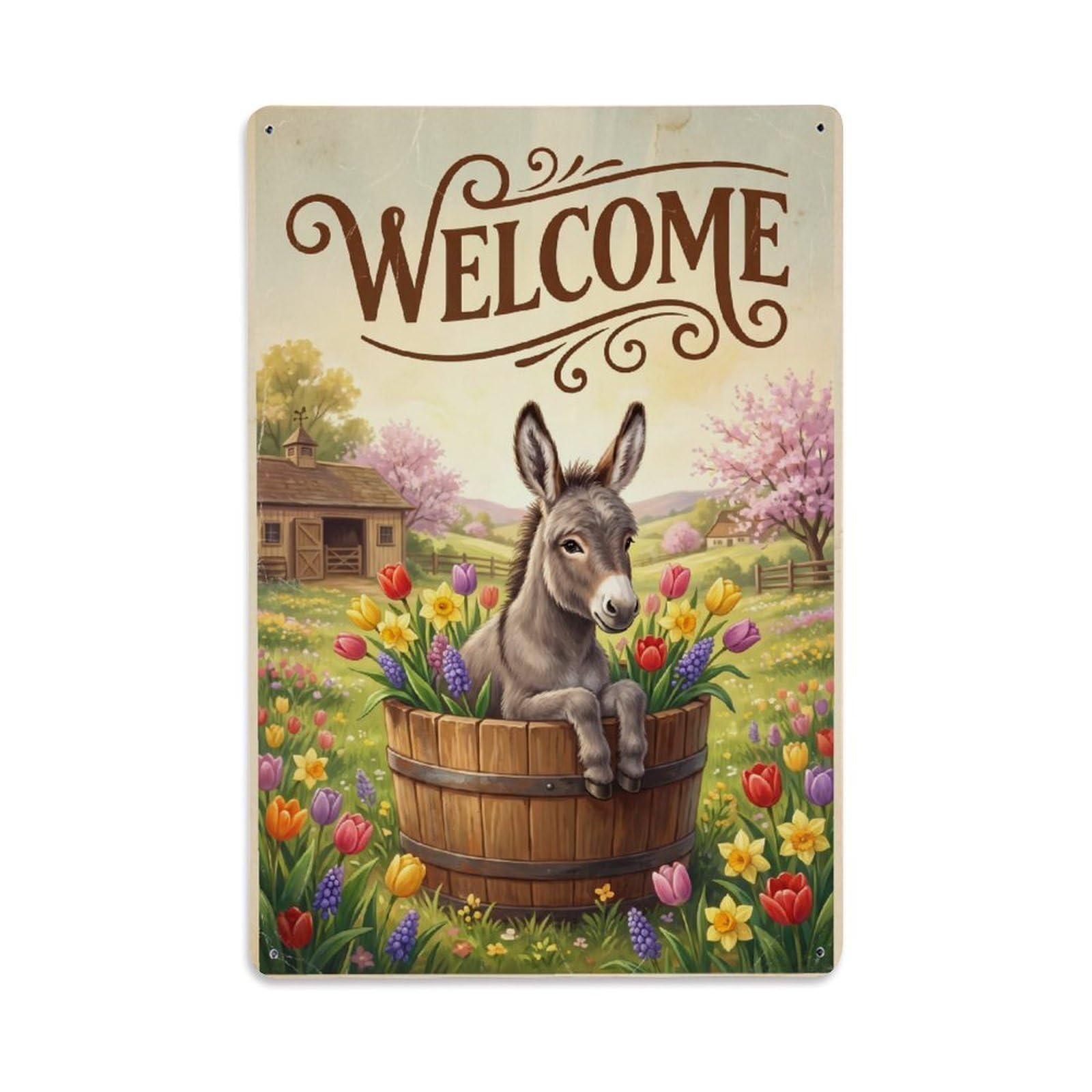Cxhjca 8X12inch(20X30cm) Vintage Welcome Donkey Petal Paradise Metal Tin Sign