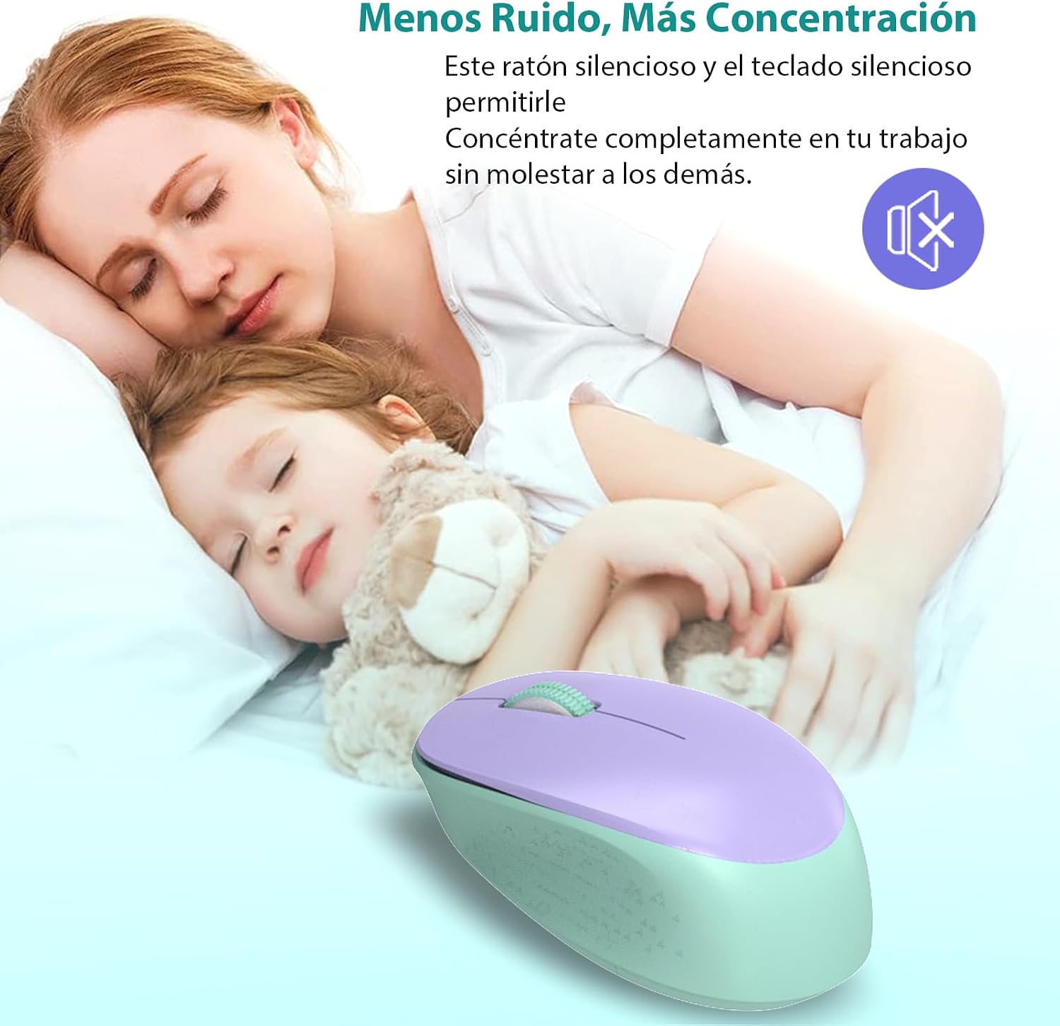 LeadsaiL Teclado y Raton Inalámbrico, Teclado y Raton Inalambrico Ergonómico, Español QWERTY, Tamaño Completo con Teclado Numérico, Receptor USB 2.4 GHz for Mac, PC, Ordenador Portátil-Violeta Verde 5