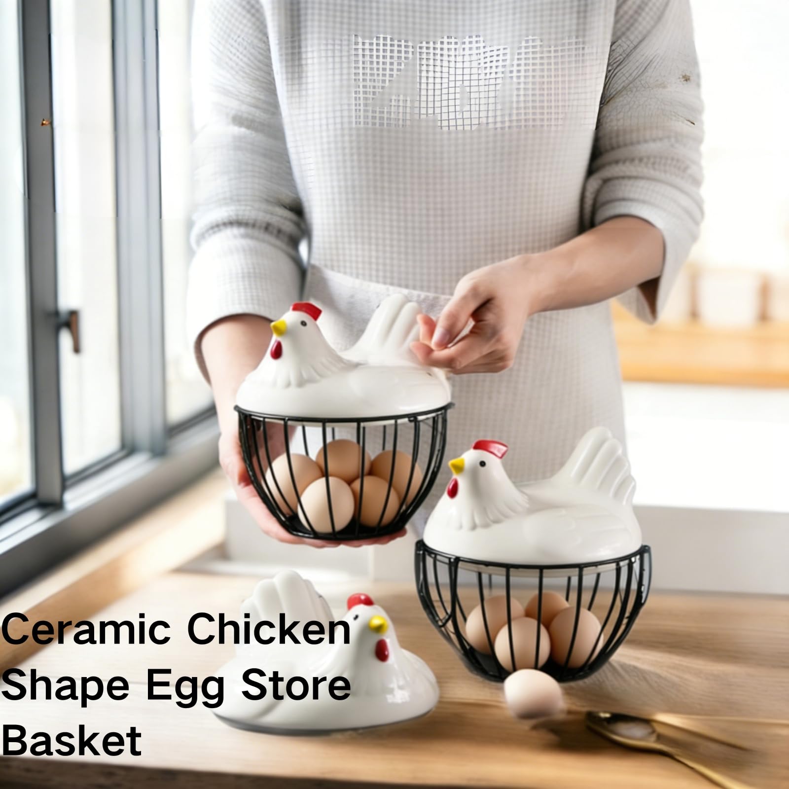 Cesta de cerámica para huevos para 15 huevos, estuche organizador, almacenamiento de hierro para cocina, cocina, verduras, frutas, decoración de gallina, ideal para el hogar y restaurante