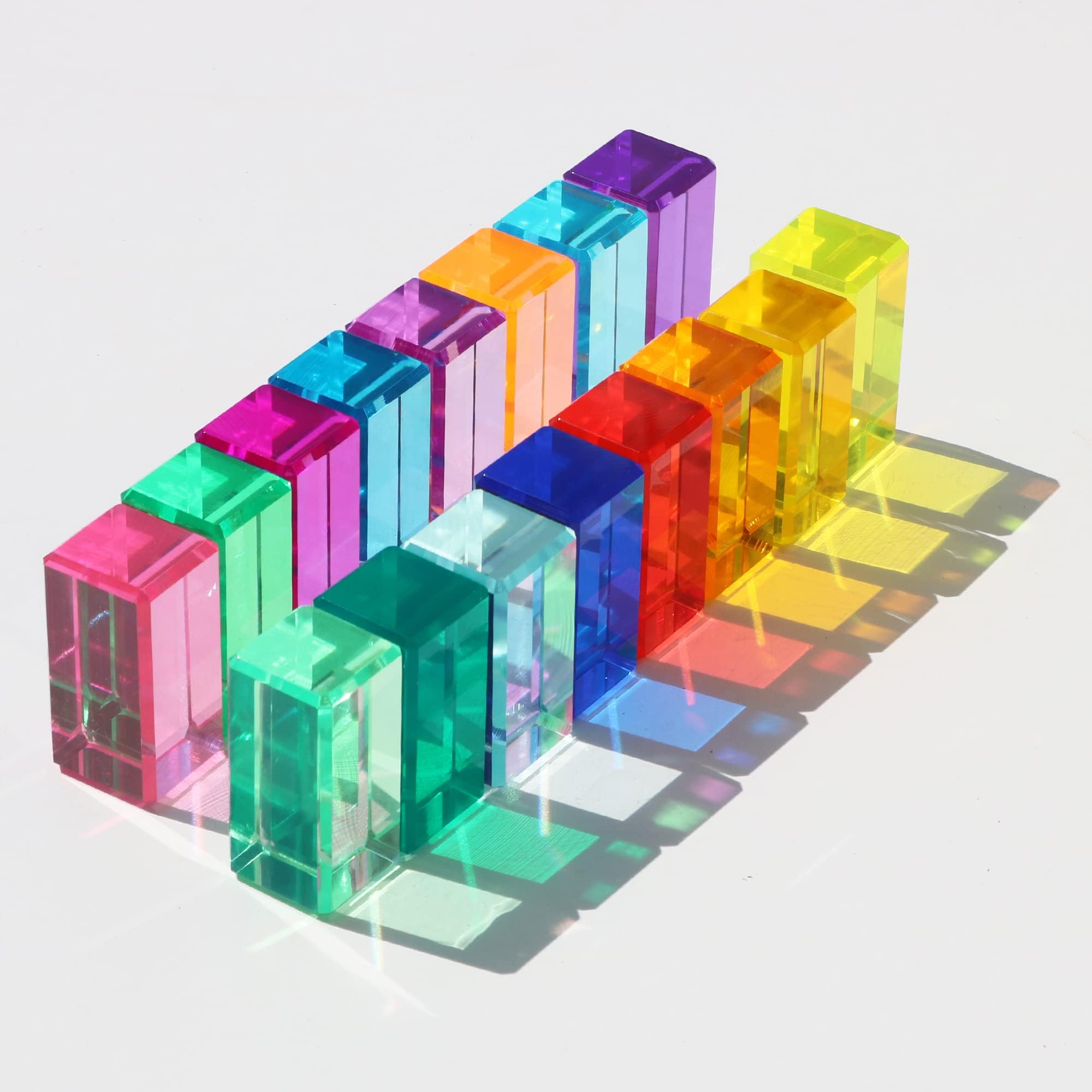 Rainbow Crystal Acrylic Strip Blocks Rectangle Stacking Gem For Kids 16 Colors Cubes Educational Sensory Light Learning Toys(16Pcs Blocks)…