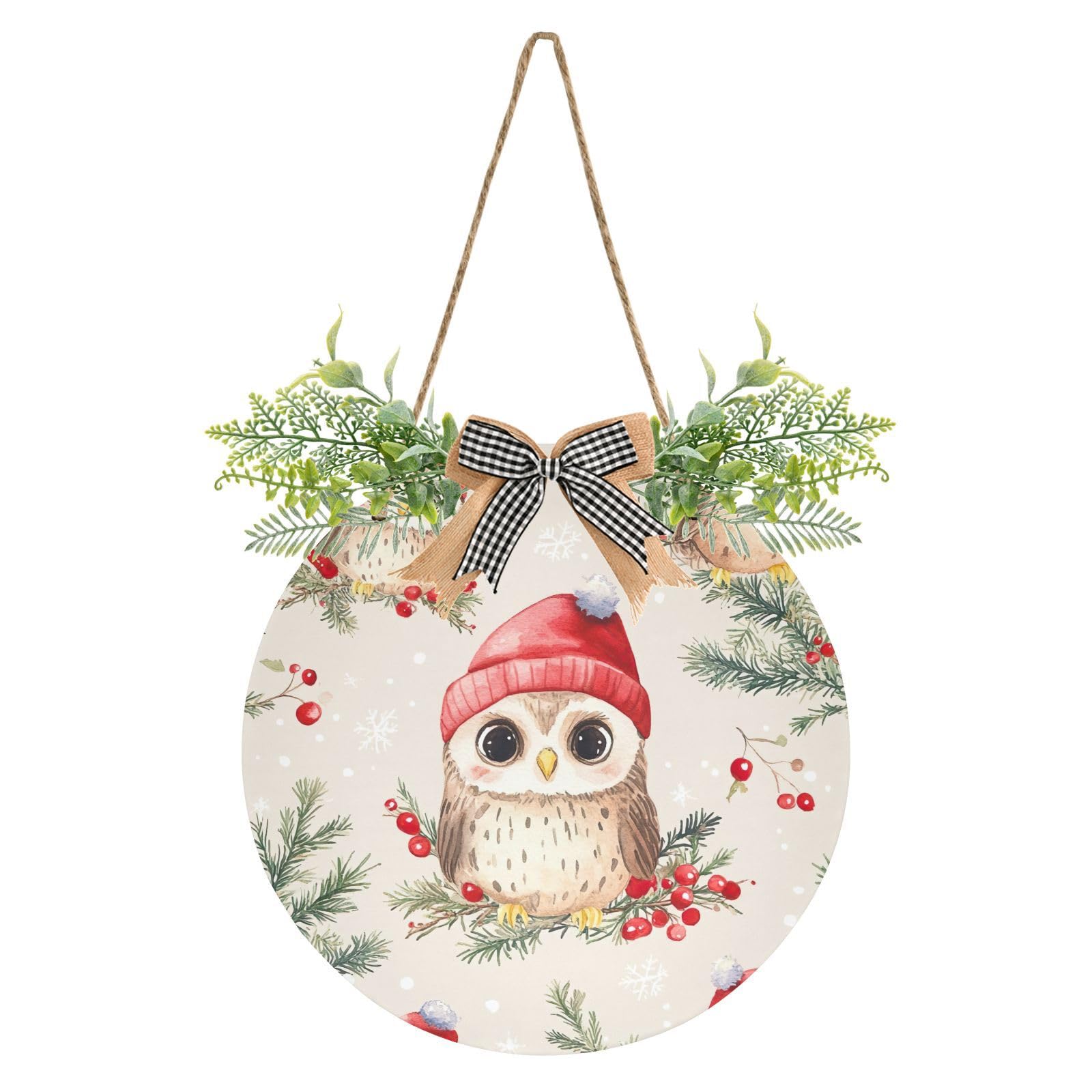 Ewusp Christmas Owls Wreath for Front Door Welcome Sign Outdoor Hanging Porch Christmas Wreath Interchangeable Seasonal Icons for Xmas Holiday Ornaments