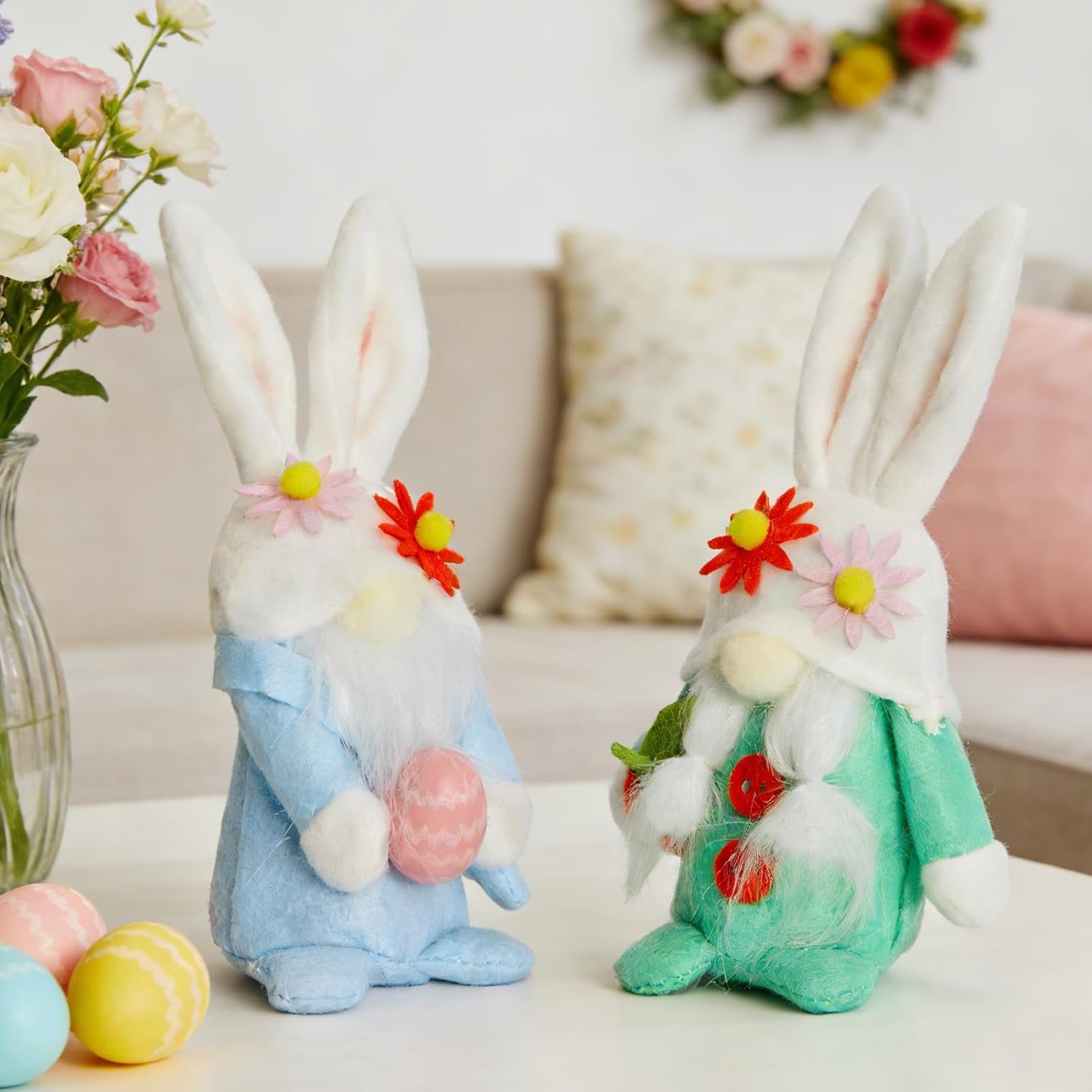 WDS WONDROUS Easter Decorations Bunny Gnomes Decor, 2-Pcs Soft Rabbit Ear Gnome Stuffed Doll with Carrot & Easter Egg, Cute Spring Decor Home Decor for Sofa Bedside Table Easter Party