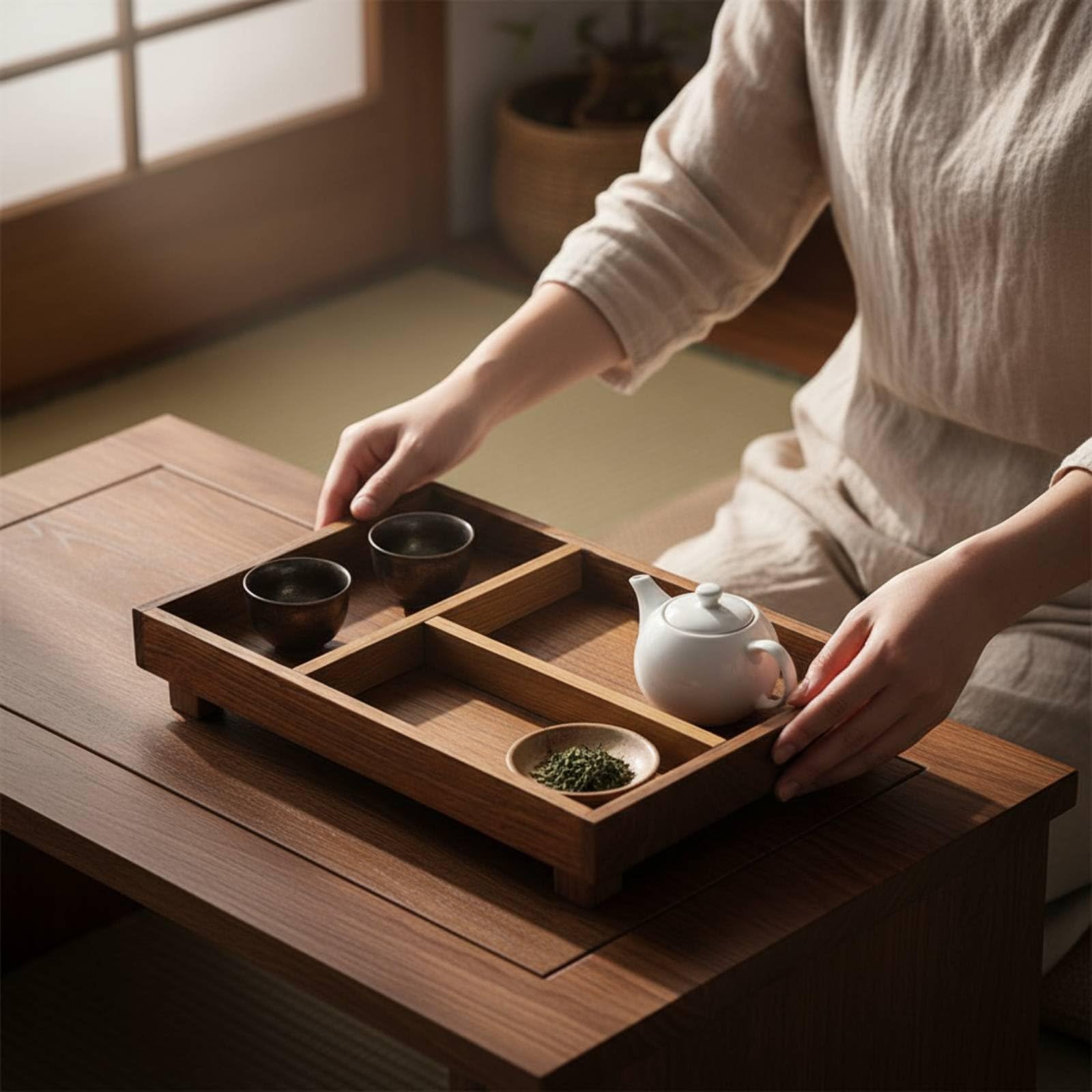 Milageto Bandeja de Servir con Organizador de, Cesta Organizadora De Madera con Asa Y 4 Compartimentos, Dimensiones Externas 30cm Largo X 20cm Ancho X 14cm Alto Compartimento 1 8cm X 8cm X 4.5cm.