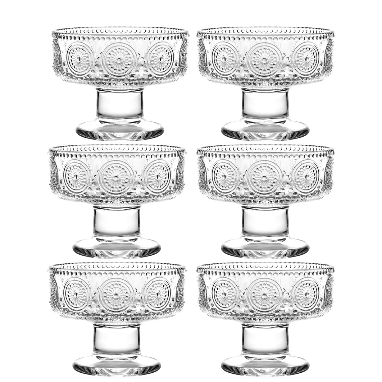 PIPITA 6Pcs Set 220ML/7.5oz Small Cute Footed Tulip Clear Glass Dessert Bowls/Cups - Perfect for Dessert, Sundae, Ice Cream, Fruit, Salad, Snack, Cocktail, Condiment, Trifle and Birthday Party
