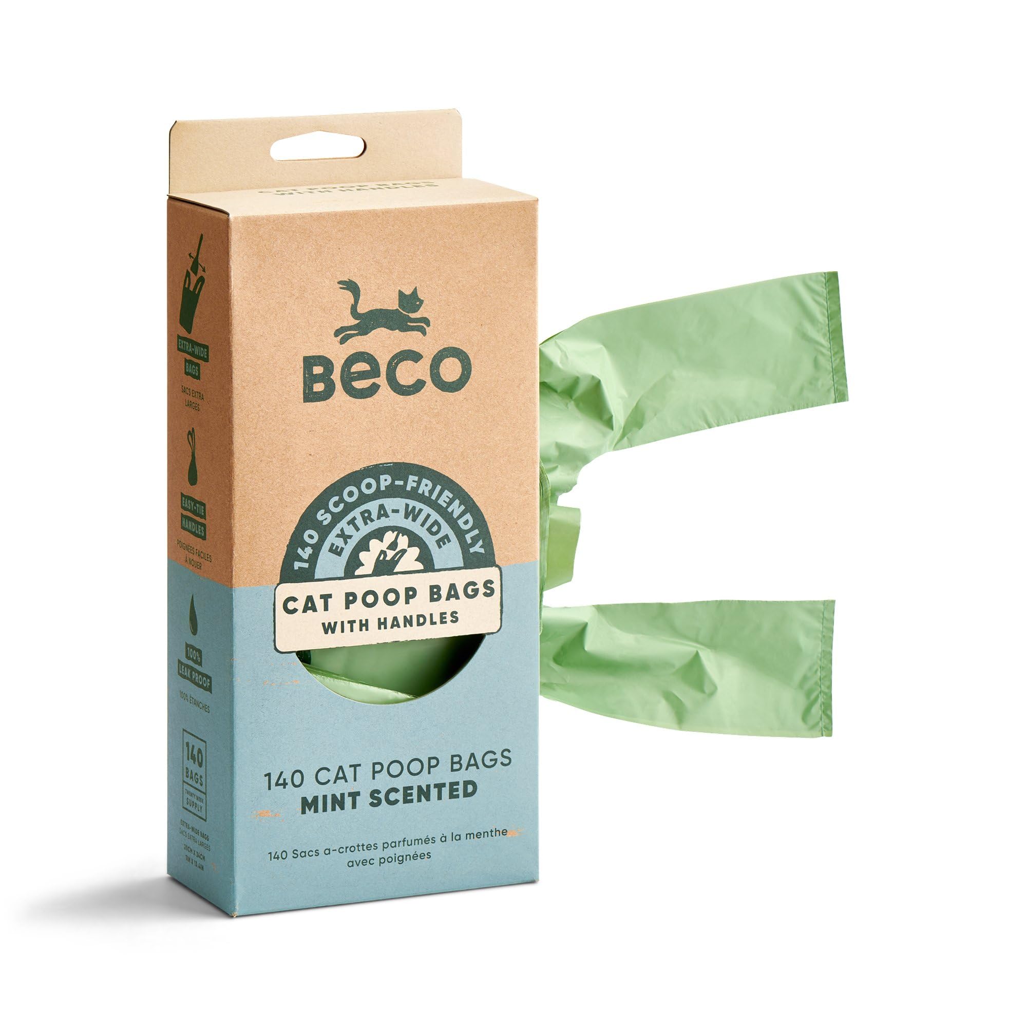 Beco Cat Poop Bags - Wide & Strong for Soiled Cat Litter, Mint Scented, 140 Bags