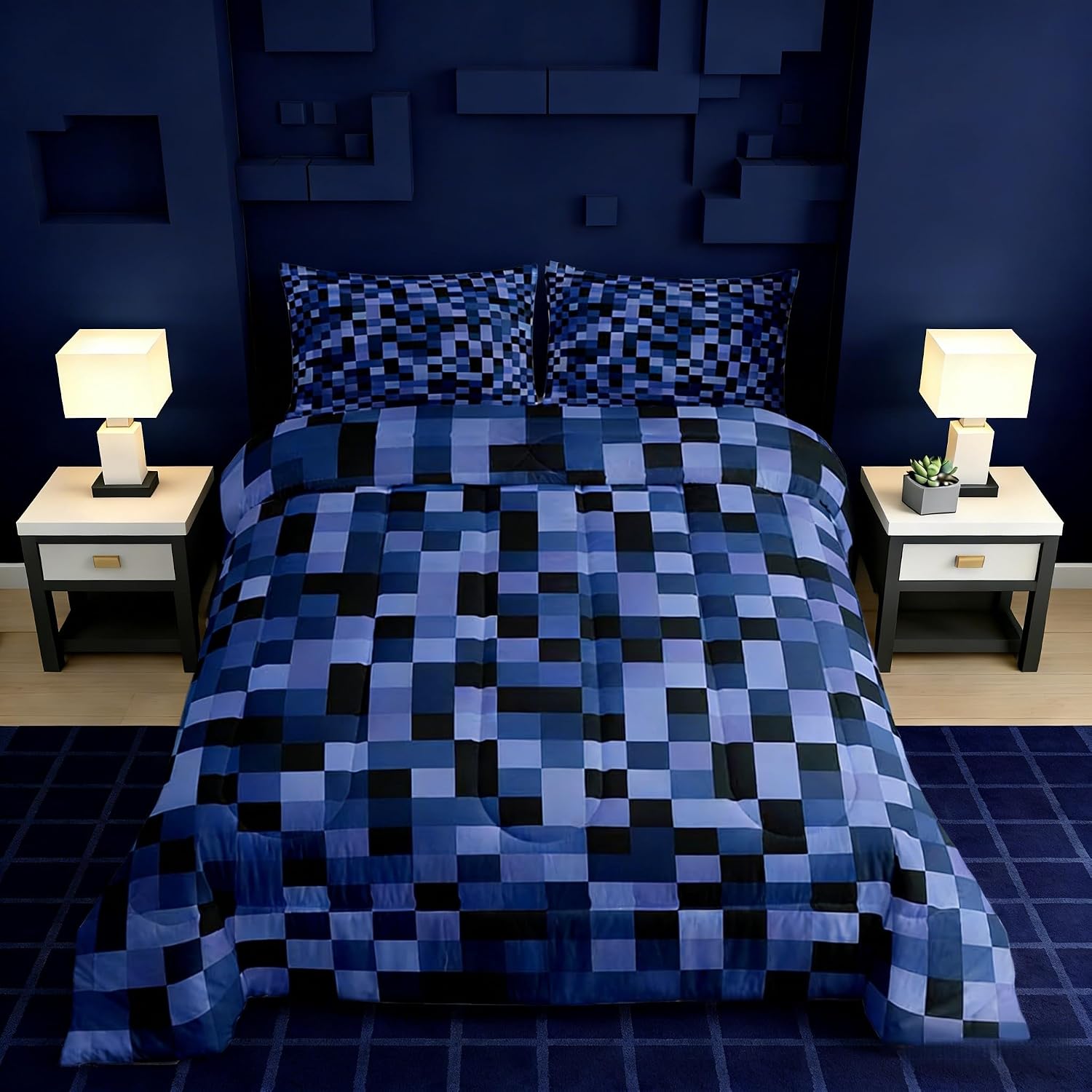 Manfei Miner Games Comforter Set Queen Size,Navy Blue and Black Grid Bedding Set 3pcs,Modern Geometric Games Down Comforter for All Season,Kids Boys Girls Room Decor,2 Pillowcases,No Sheets