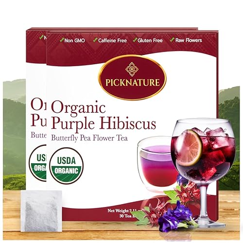 PICKNATURE Bolsa de té de hibisco morado y flor de guisante de mariposa, hoja recién recogida de Tailandia  60 bolsas de té (paquete de más de 200