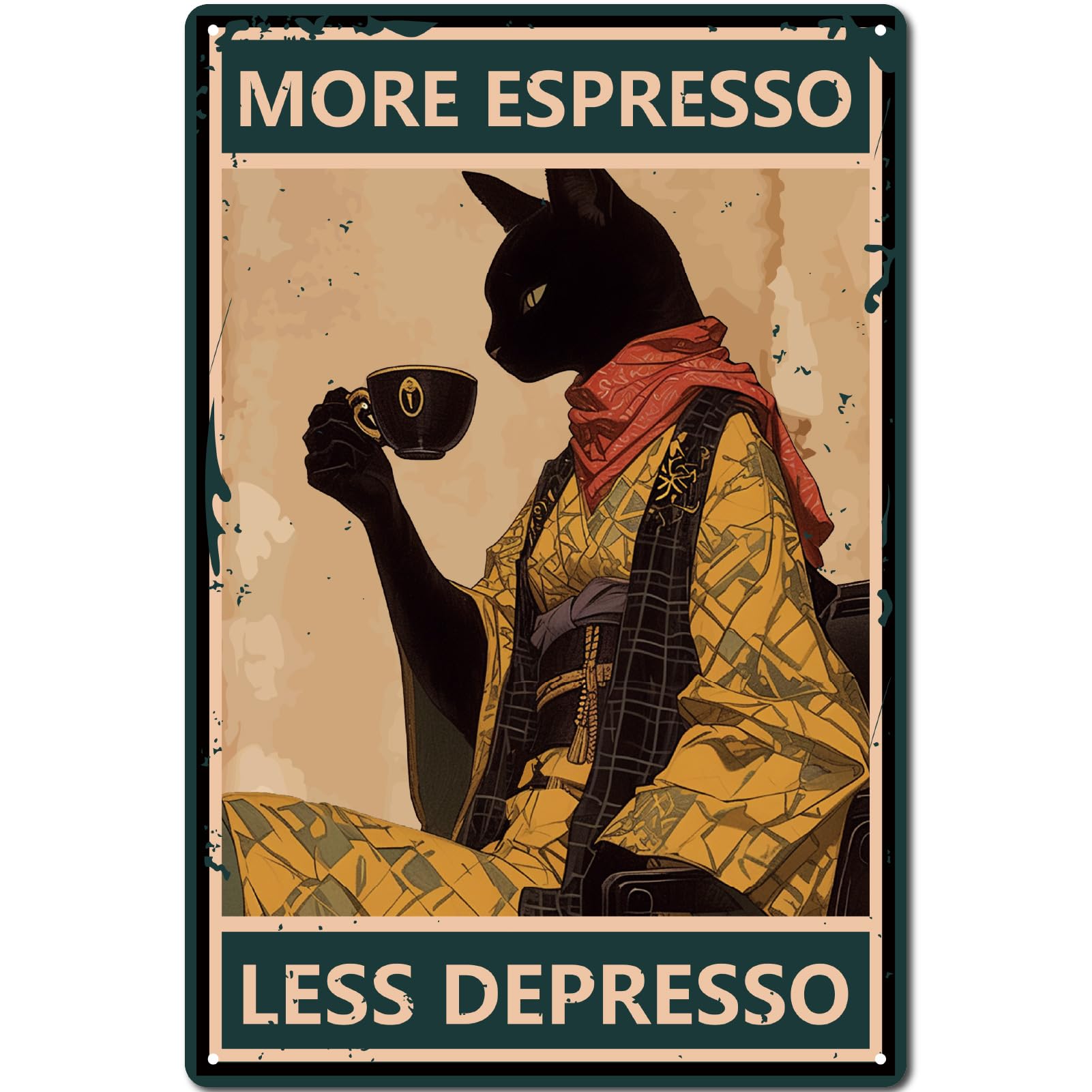 CREATCABIN Targa In Metallo Gatto Nero Con Scritta 'Più Espresso, Meno Depresso' – Poster Vintage 30x20cm Per Caffè E Arredo Parete