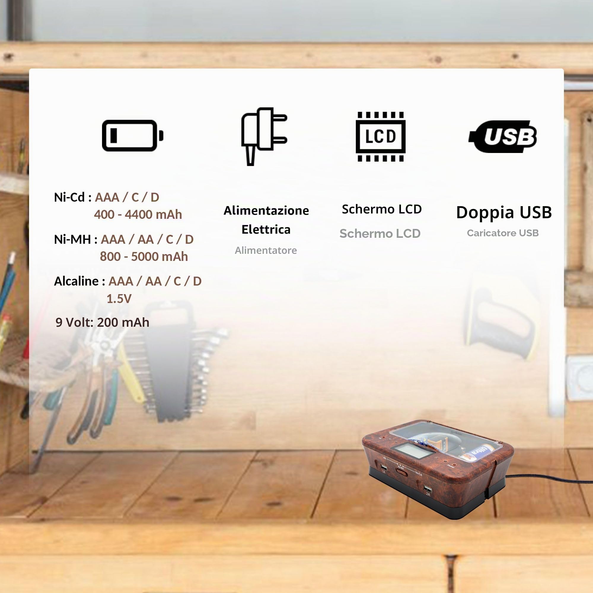 Caricatore per pile ricaricabili AA/LR6, AAA/LR3, C/LR14, D/LR20, 9V, NiCd e NiMh + ALKALINE - Schermo LCD - Indicatore di carica - Caricatore universale capacità 4 pile + 2 porte USB - Olmo - Legno