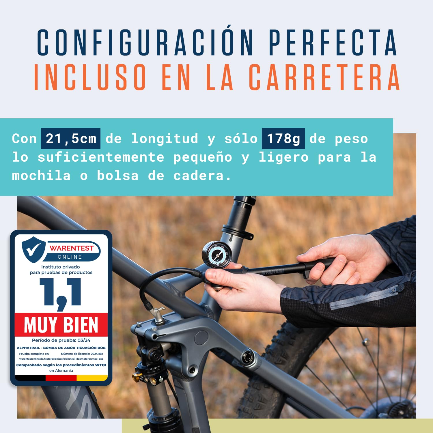 Alphatrail Bomba de Amortiguación Bob - para Todos los amortiguadores de Aire y Horquillas 300 PSI / 20,7 Bar presión I Air Bleeder I Gran manómetro (Ø40mm) I Bomba supsension para RockShox, Fox etc