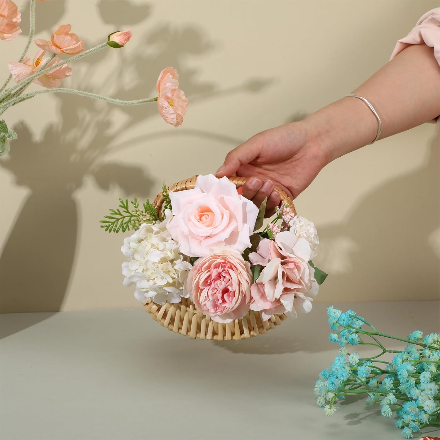 3 Pcs Rattan Half-moon Wicker Basket, Small Willow Straw Basket with Handle, Ideal for Wedding Flower Girl, Picnic, Garden Storage, and Home Decor