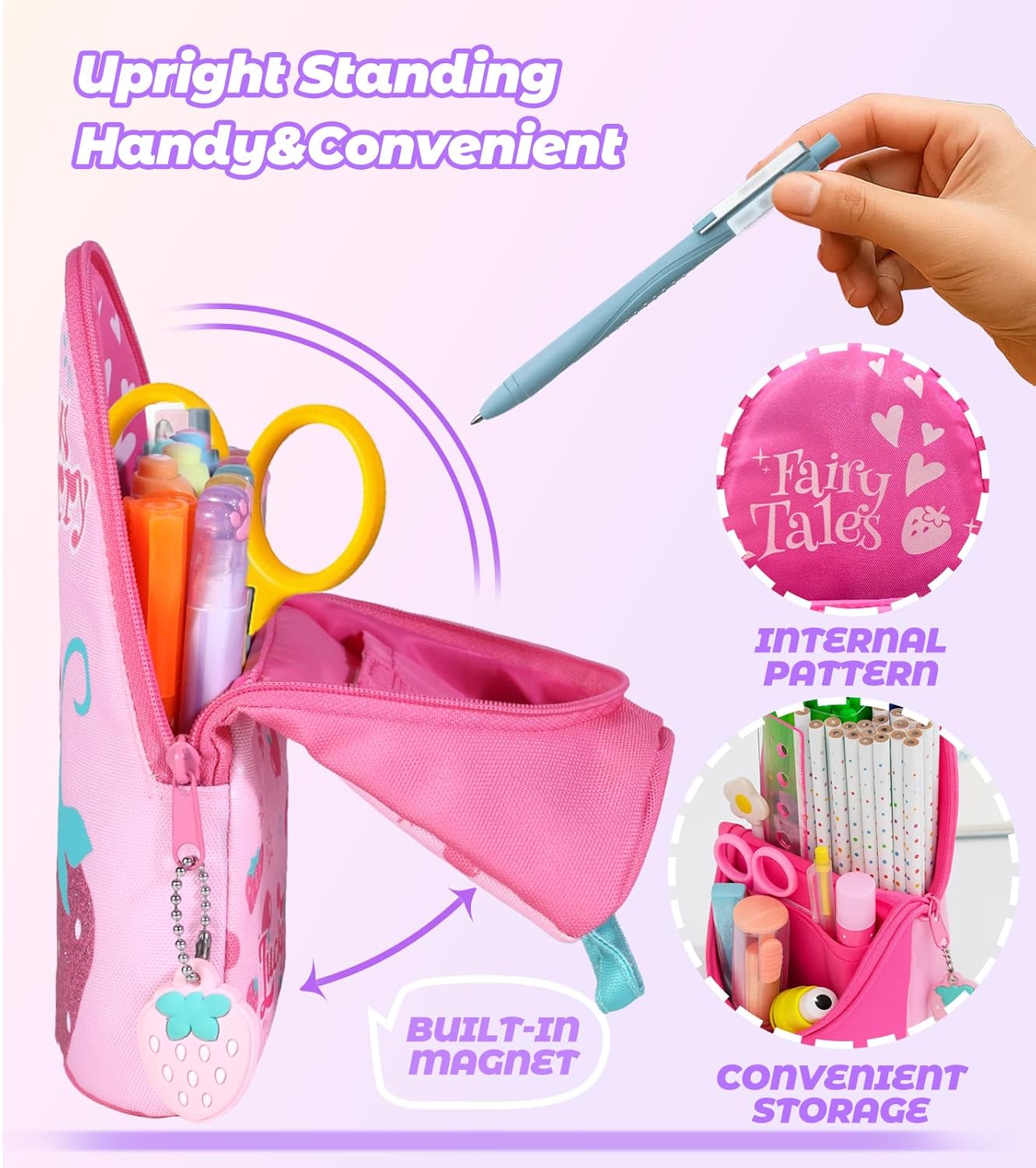 Magnetic Standing Pencil Case for Girls - Back to School Stuff, Cute Strawberry Standing Zipper Pencil Case, Large Capacity Stand up Pen Bag, Stationery Pen Holder, Study Supplies for Students