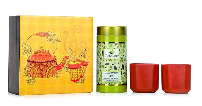 Octavius Desi Chai Set | Traditional Print | Cardamom Chai Instant Tea Premix With 2 Handmade Terracotta Kullads (Cups) | Best Gift for Tea Lovers | Gift Pack For Family