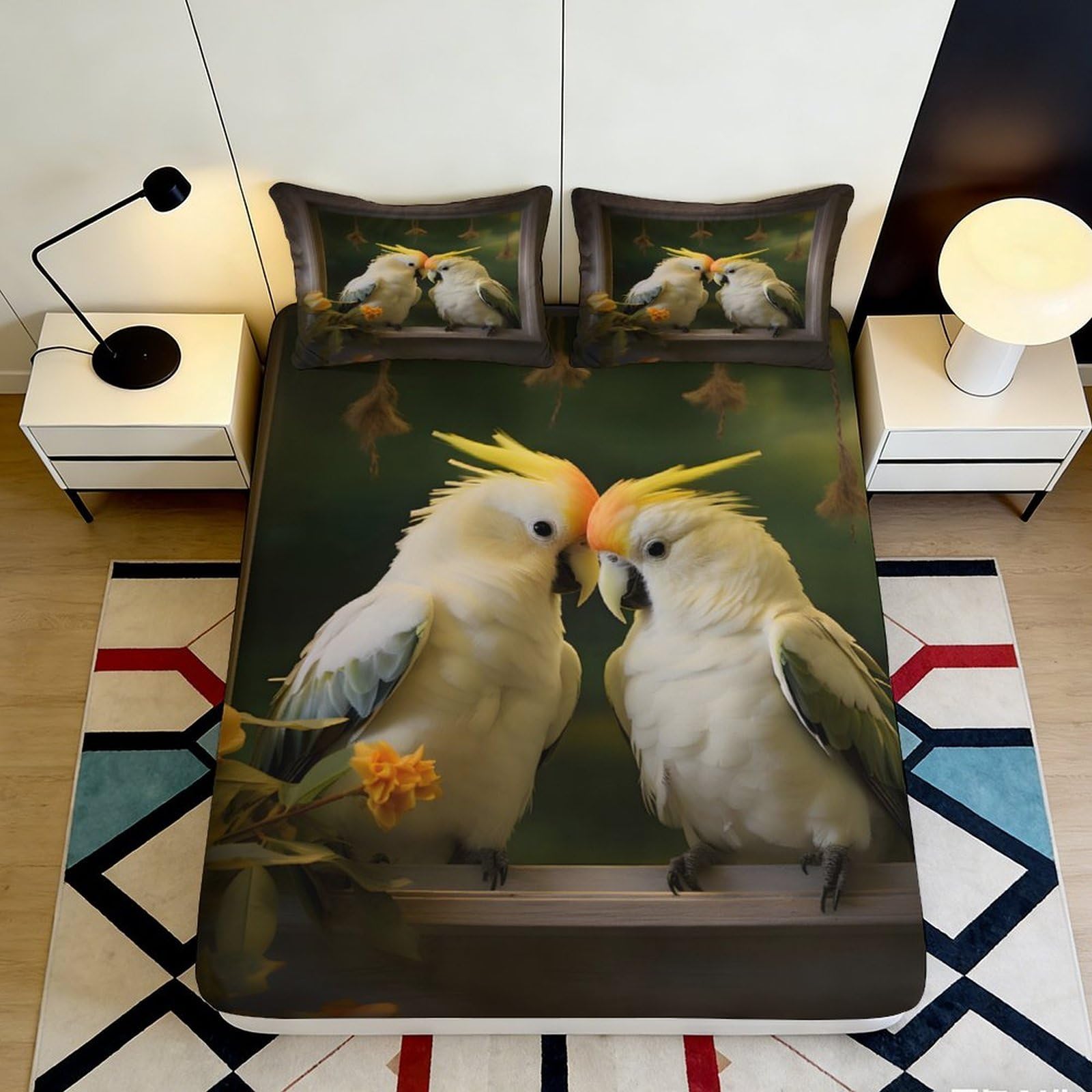 3D Printed cockatoo fitted sheet for bedroom decor, microfiber soft touch, bed cover for guest room, easy care, wrinkle resistant, apartment bedding 90x200x25cm