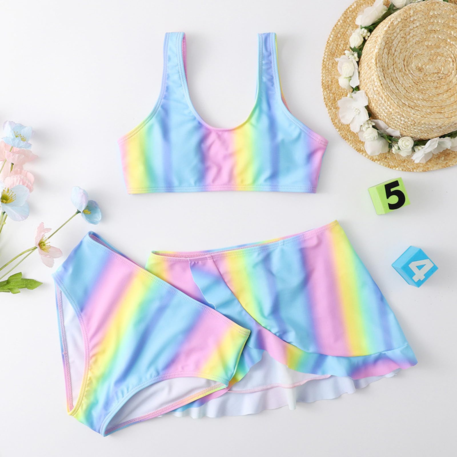 Bikini de niña adolescente con falda niños pequeños bebé niña primavera verano colorido estampado algodón sin mangas secado rápido playa traje de baño natación 3 piezas bikini ropa