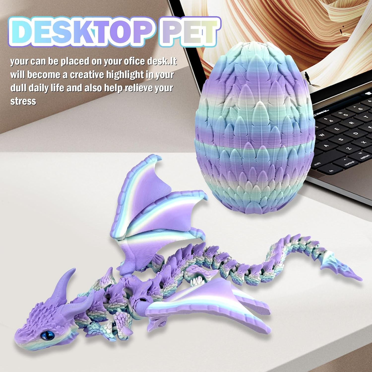 Large Dynamic 3D Printed Dragon Egg with Dragons Inside， 3D Printed Flexible Articulated Crystal Animals with Movable Wings , Flying Fidget Bird with Eyes Model for Desktop Home Decoration(YGMH)
