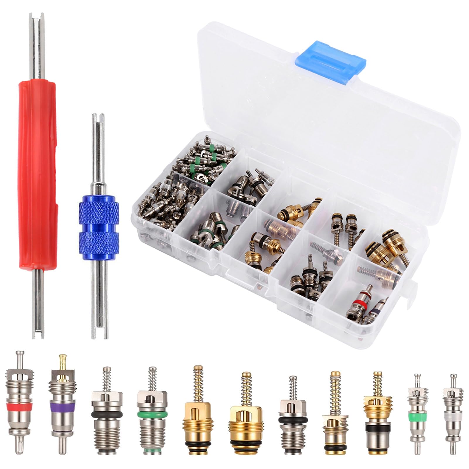 102PCS A/C Valvola Core R12 R134a Automotive Aria Condizionata Valvola Pneumatica Refrigerazione Steli Rimozione Strumento Kit Assortimento