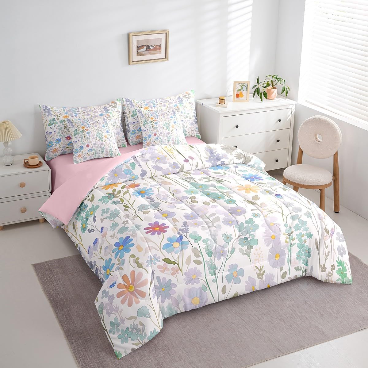 Erosebridal 7 Piece Colorful Floral Queen Bedding Set for Kids Girls Boys,Cute Watercolor Flowers Comforter Set with Sheets Boho Bedroom Decor,Rustic Country Wildflower Bed in a Bag with Pillowcases