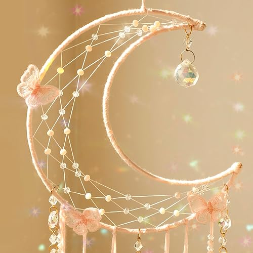 Miniatura 8 de Artilady Atrapasueños de mariposa con cristales Atrapasueños de luna rosa, grande, bohemio, decoración de pared, decoración del hogar, niñas,