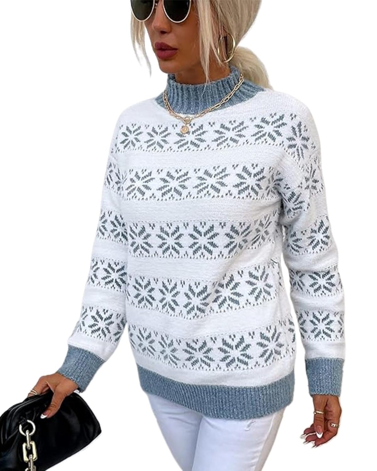 Womens Christmas Sweaters Fall Winter Fair Isle Snowflake Mock Neck Knitted Pullover Tops Vacation Holiday Clothes
