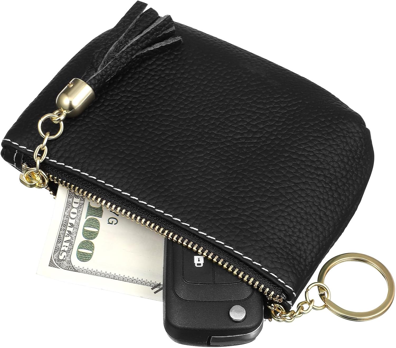 Small Leather Coin Purse Keychain and Men with Multiple Compartments and Fine Craftsmanship Classic Black Cowhide Wallet Change Holder Pouch