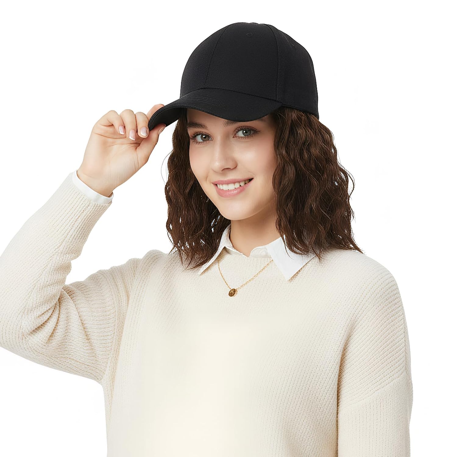 BXT Short Wig Attached Black Baseball Cap Hat With Wavy Curly Hair Extension Photo Shoot Wig Hat for Women Men