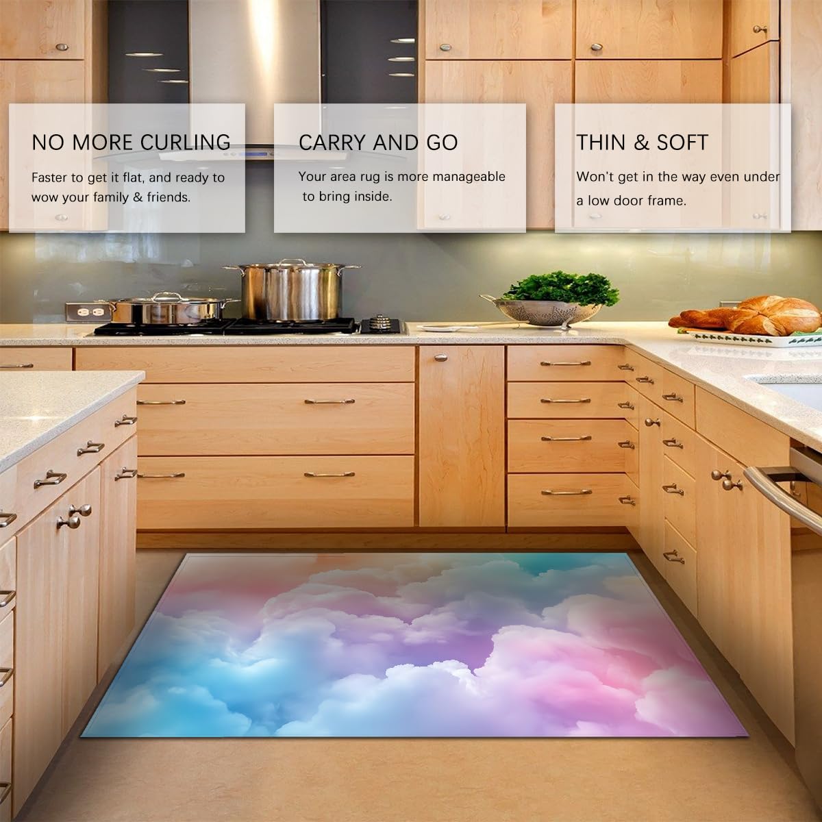 Rêve Pastel Nuage carpette 80x150cm coloré Violet Rose Ciel scène Fin Pliable à Poil Bas Lavable Grand antidérapant Appartement Chambre Enfant Douillet Tapis