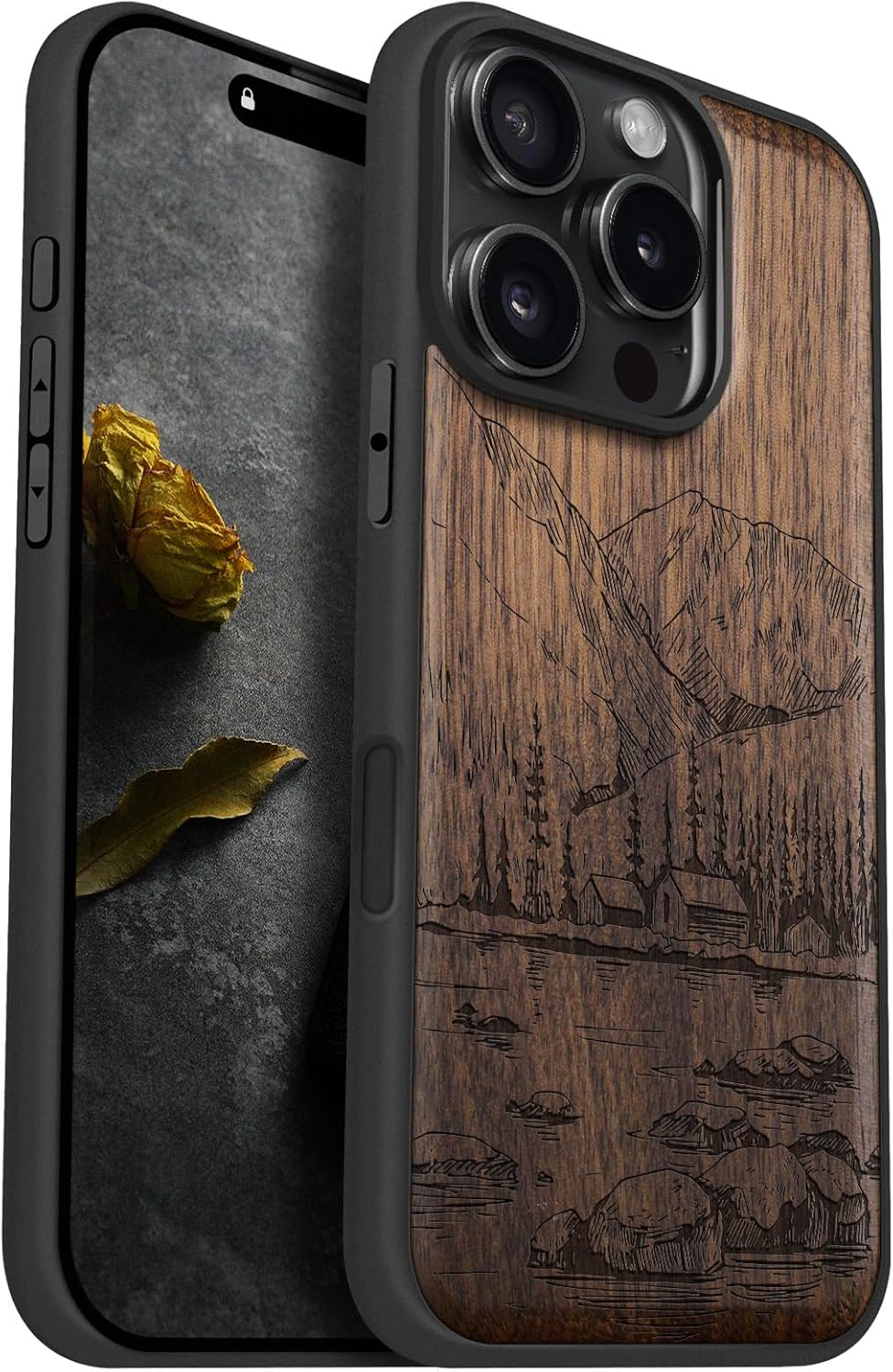 Carveit Magnetic Wooden Case for iPhone 16 Pro Case, Wood Artisan Engraved & Black Soft TPU Shockproof Cover, Compatible with MagSafe Wireless Chargers (Lakes and Mountains) Walnut