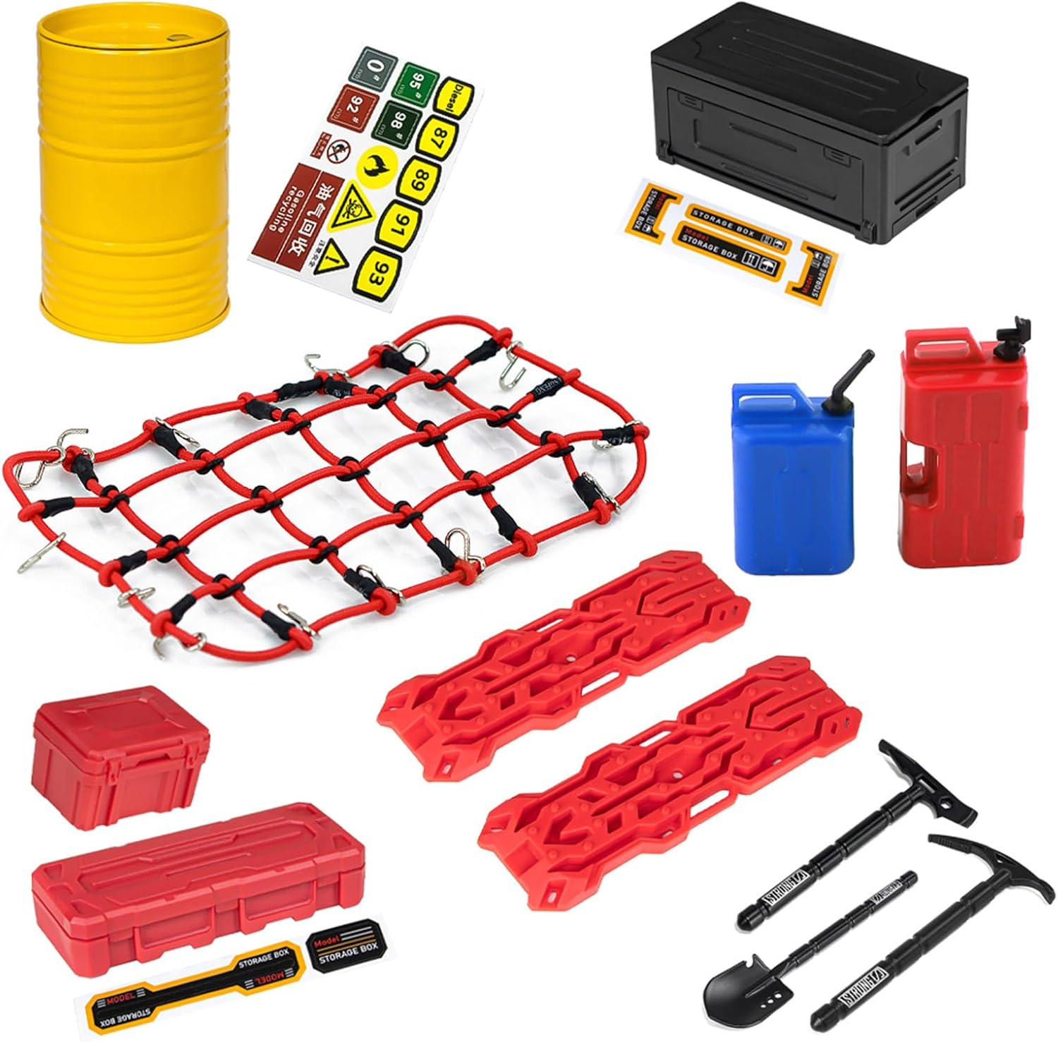 RC Crawler Car Decoration Kits Mini Luggage Net,Simulation Luggage,Camping Box,Oil Drum,Fuel Tanks,Recovery Board,Mini Shovel & Axe & Pickaxe Tools for 1/10 Trx4 Trx6 Axial SCX10 Redcat GEN 7 8 Rc4wd