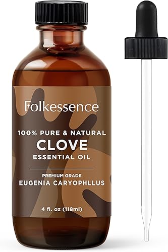 Folkulture Aceite esencial puro de clavo, 4 onzas líquidas, 100% puro, natural y sin diluir, grado terapéutico prémium con cuentagotas de vidrio,