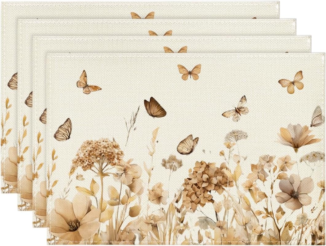 Artoid Mode Brown Hydrangea Wildflowers Fall Placemats Set of 4, 12x18 Inch Seasonal Autumn Thanksgiving Table Mats Kitchen Dining Party Decoration