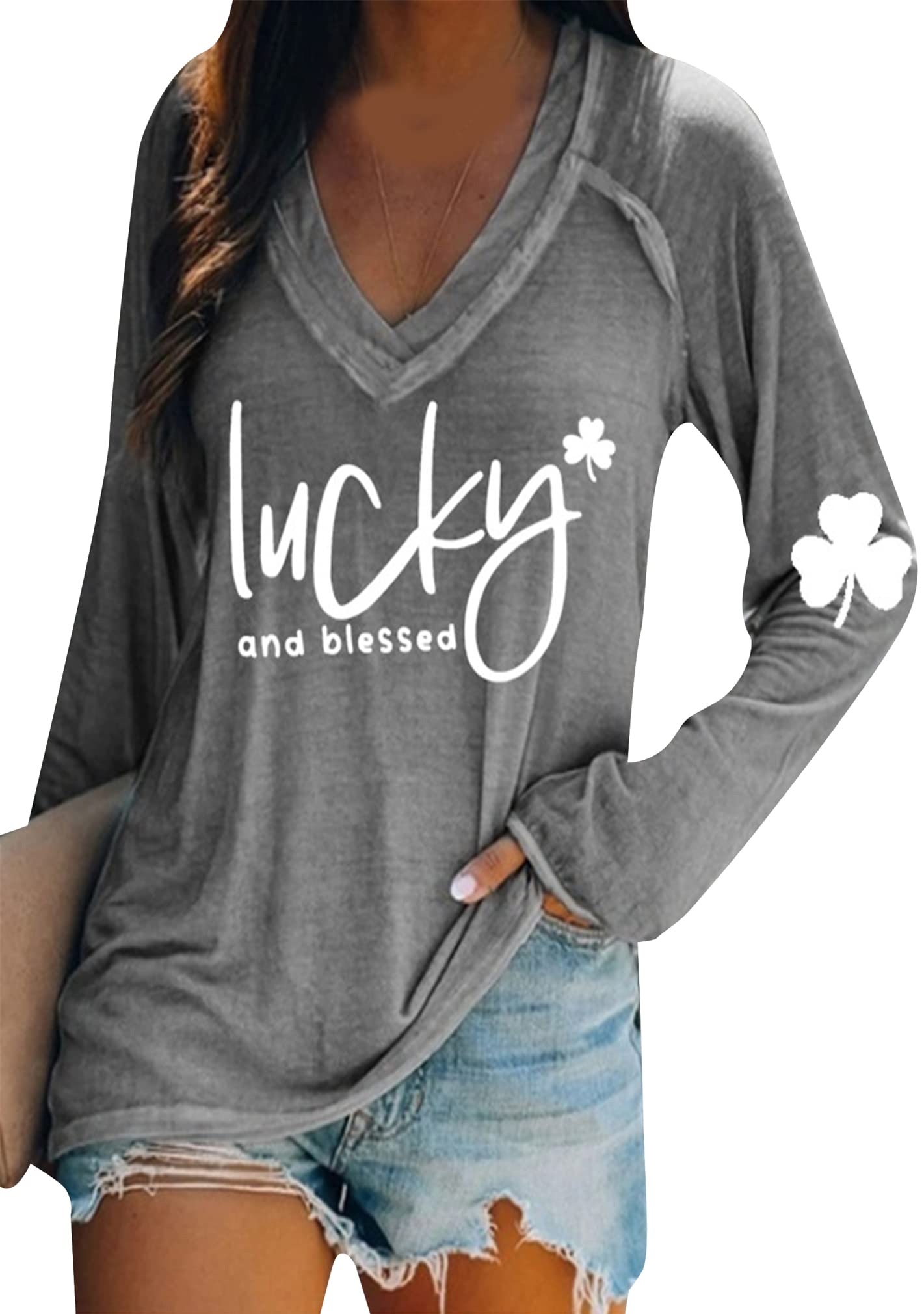 BOFETA Women St Patricks Day Sweatshirts Loose Long Sleeve Shirts Green Shamrock Print Blouse Flowy Color Block Pullover Tops