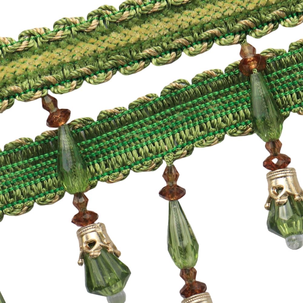 3Yard Beaded Fringe Trim Decorative Tassel Border for Curtains, Tablecloths, Home Decor, Bohemian Style Beaded Edging for DIY Crafts (Green)