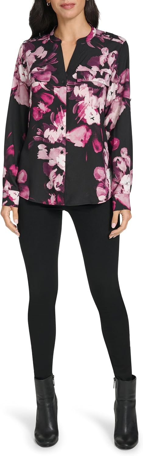 Calvin Klein Women's Long Sleeve Roll Tab Button Front Blouse