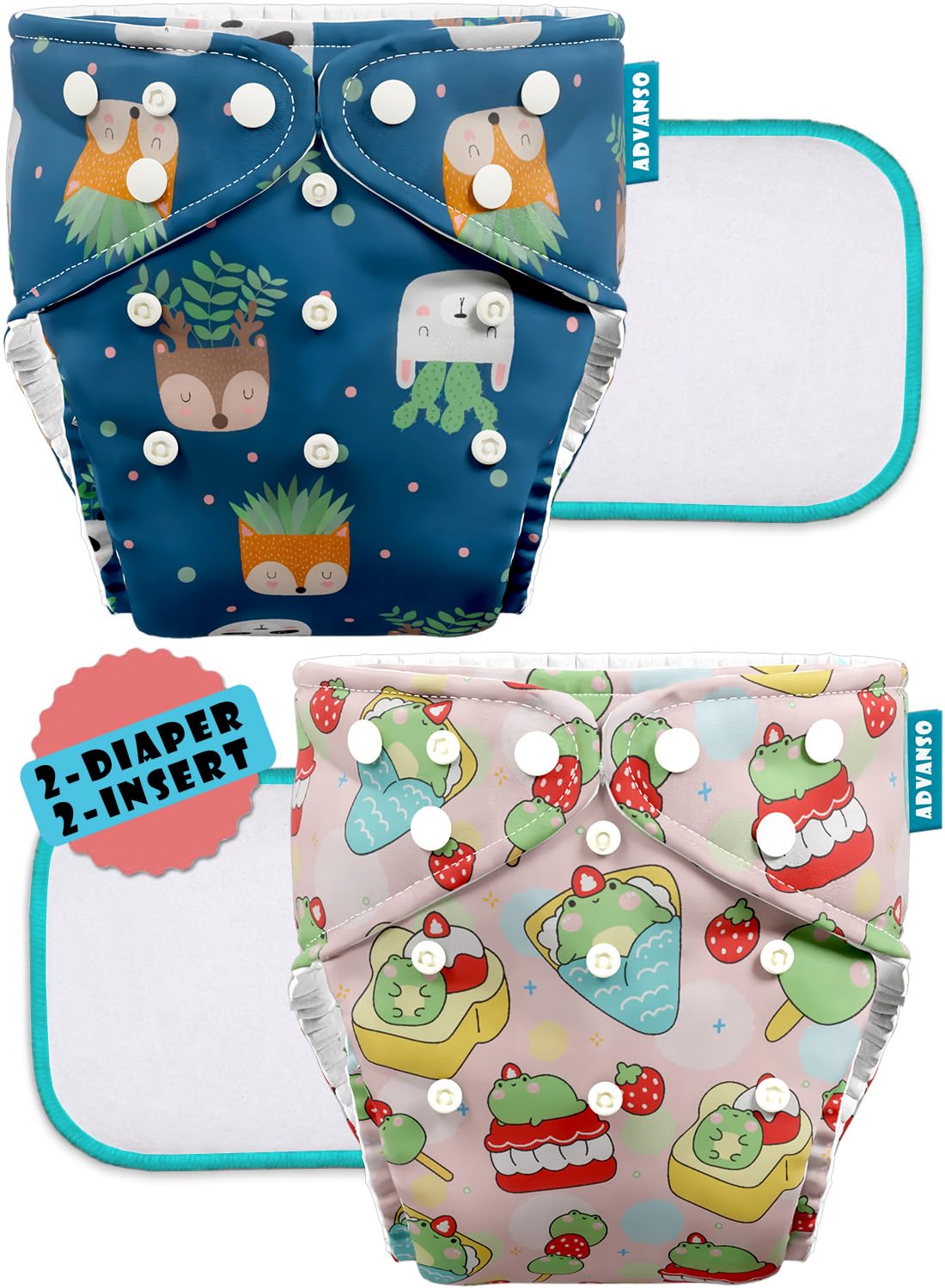 Advanso Leakage Proof cloth diapers for babies, high absorbent 2 reusable diaper 2 insert pad combo pack washable cloth diaper free size 5-18kg adjustable pocket cover 25