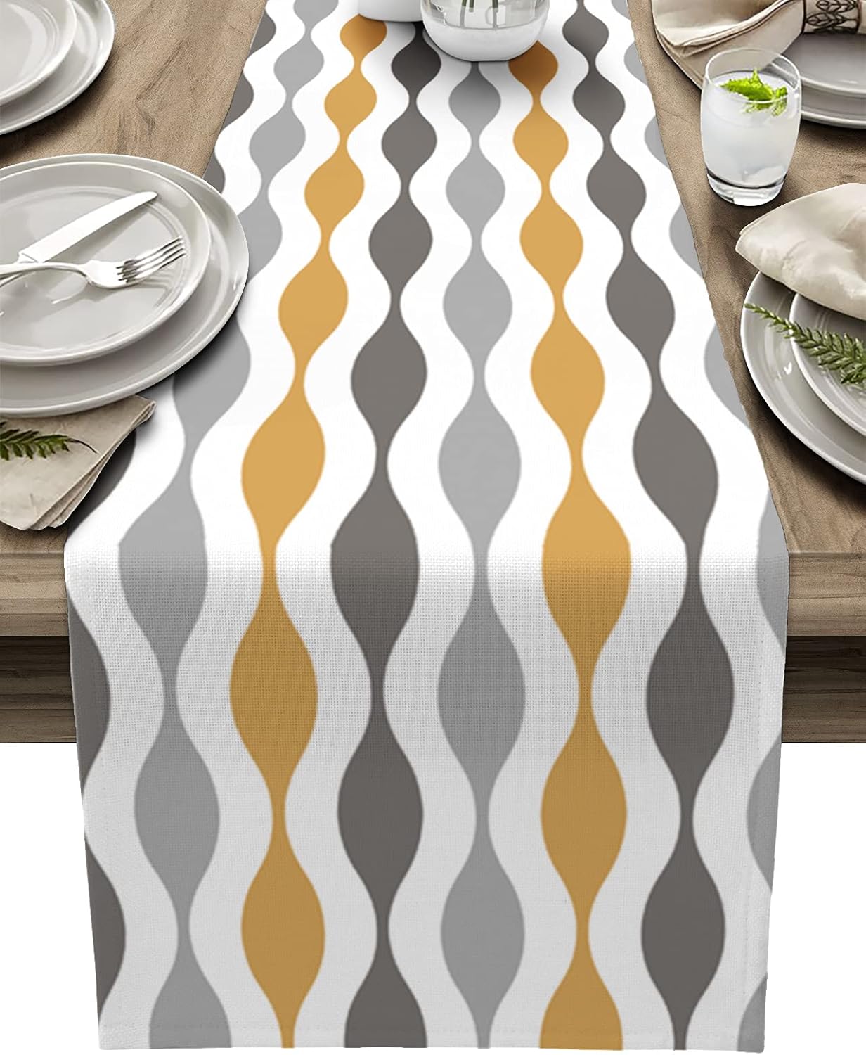T&H XHome Dining Table Runner Dresser Scarf Linen Burlap Fabric,Mid-Century Modern Geometric Yellow Gray Pattern Washable Table Runners 120 Inches Long for Farmhouse Home Kitchen Wedding Party Decor