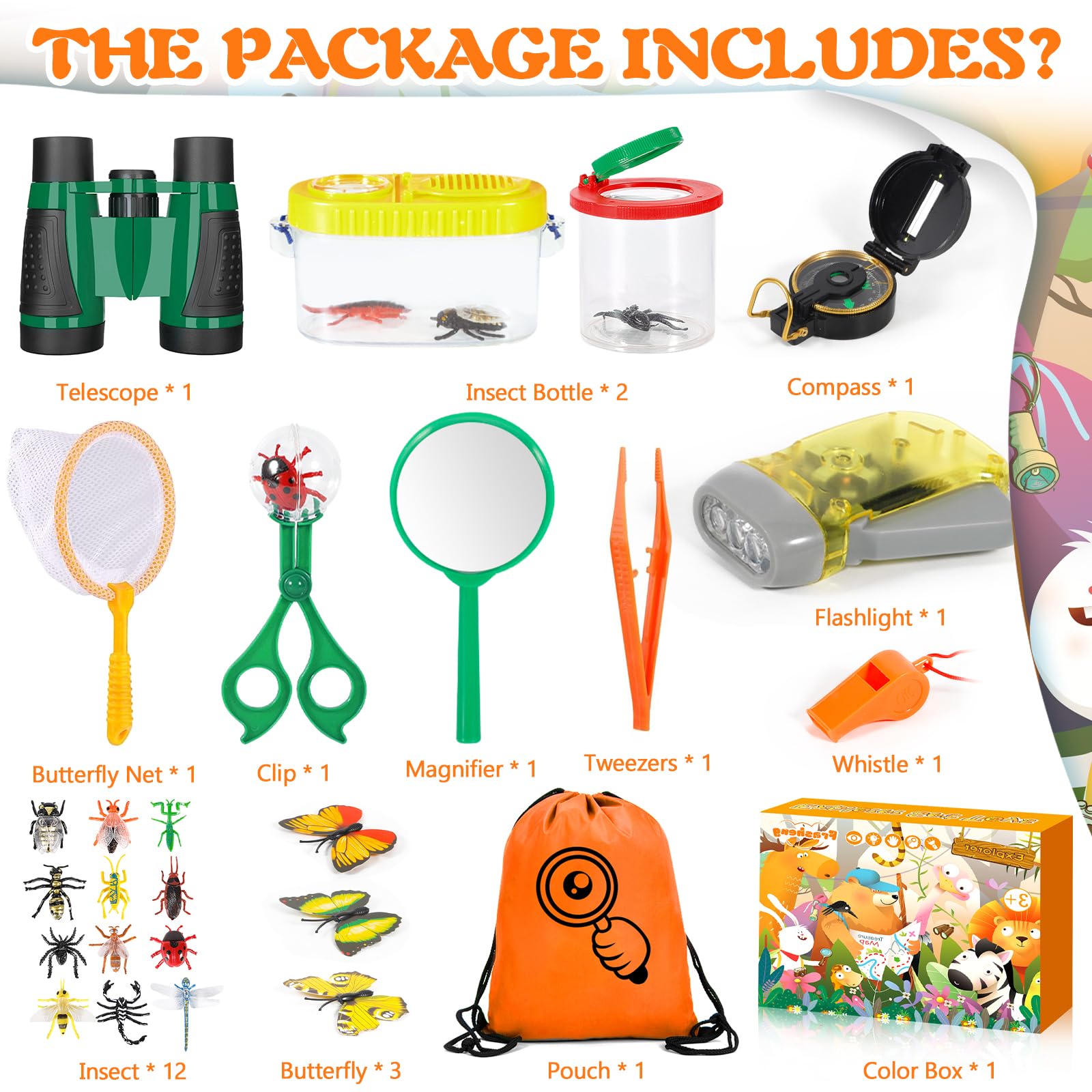 Frasheng Set di giocattoli da esploratore esterno, binocolo per bambini 28 pezzi Set da esploratore per bambini avventuriero,Giocattoli da regalo incl pinzette, Bussola, Fischio, Lente d'ingrandimento