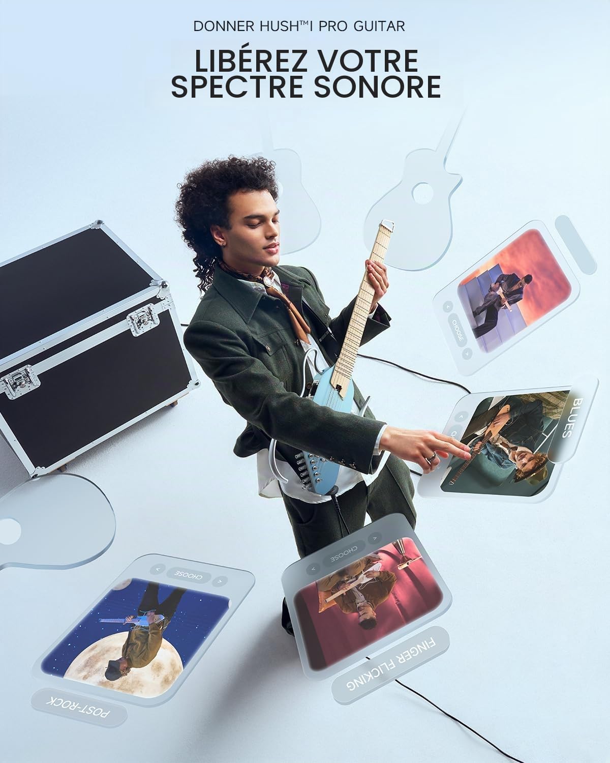 Donner Guitare électro-acoustique HUSH I PRO Travel avec modes d’effets multiples, kit intelligent comprenant des écouteurs, une housse de transport, une sangle, un câble de chargement, Hawaiian Blue