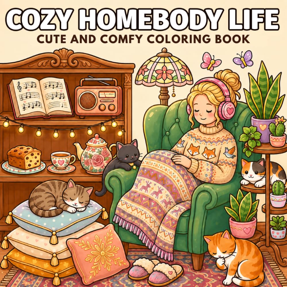 Cozy Homebody Life: Cute and Comfy Coloring Book for Adults and Teens: 50 Cozy Scenes for Relaxation and Self-Care