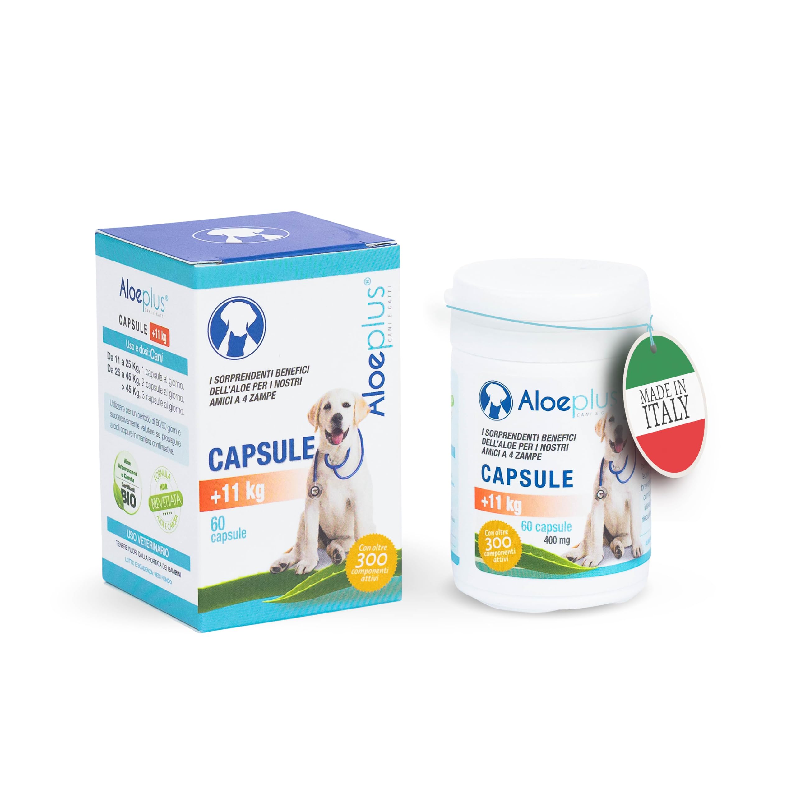 Aloeplus Suplementos cápsula para Perros 11+ kg. - Suplemento Natural a Base de Aloe arborescens - Estimula el Sistema inmunológico - para el Bienestar de los Perros de 11 kg en adelante