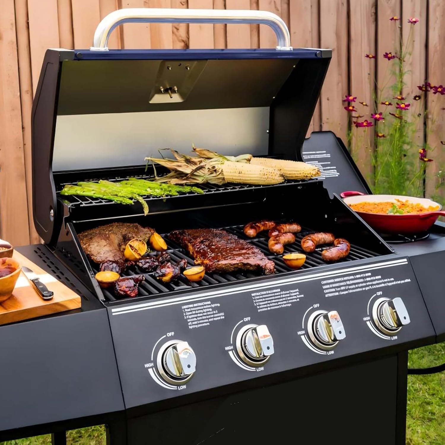 Food cooking on a grill with new grates and visible flame tamers.