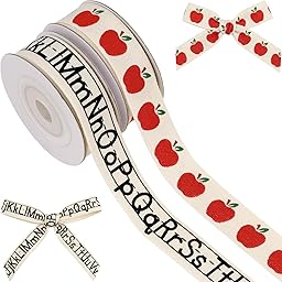 School Ribbon for Crafts 2 Pack, 5/8 Inch x 5 Yards Cotton Apple Alphabet Back to School Ribbon for Hair Bows Gift Wrapping Teacher Gifts