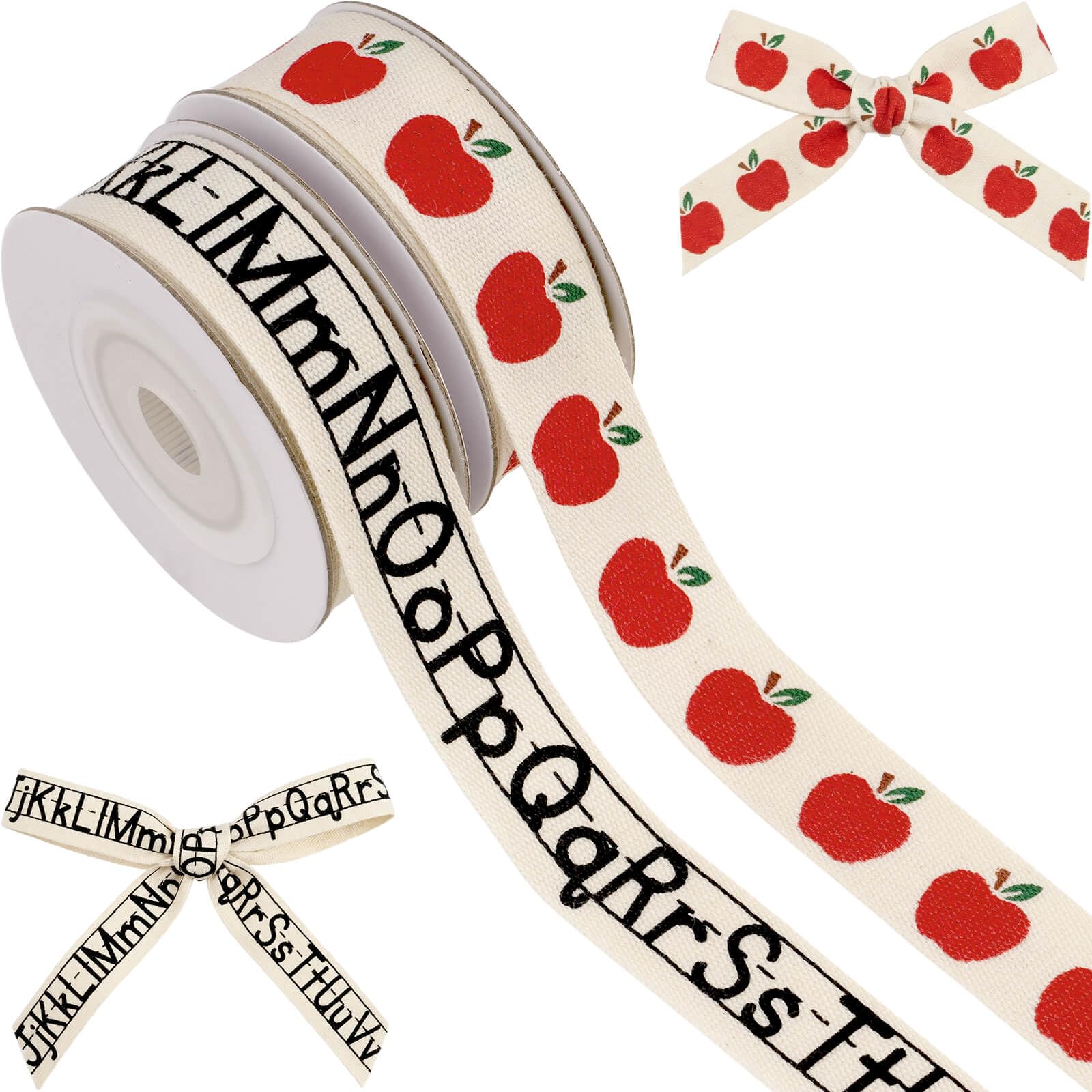 School Ribbon for Crafts 2 Pack, 5/8 Inch x 5 Yards Cotton Apple Alphabet Back to School Ribbon for Hair Bows Gift Wrapping Teacher Gifts