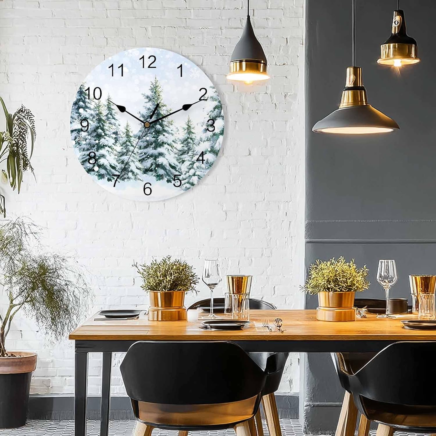 LooPoP Christmas Wall Clock Pine Tree Forest Clocks PVC Silent Non-Ticking Battery Operated Winter Snow Round Clock for Home Living Room Office Kitchen Bedroom Xmas Holiday Wall Decor 10 Inch