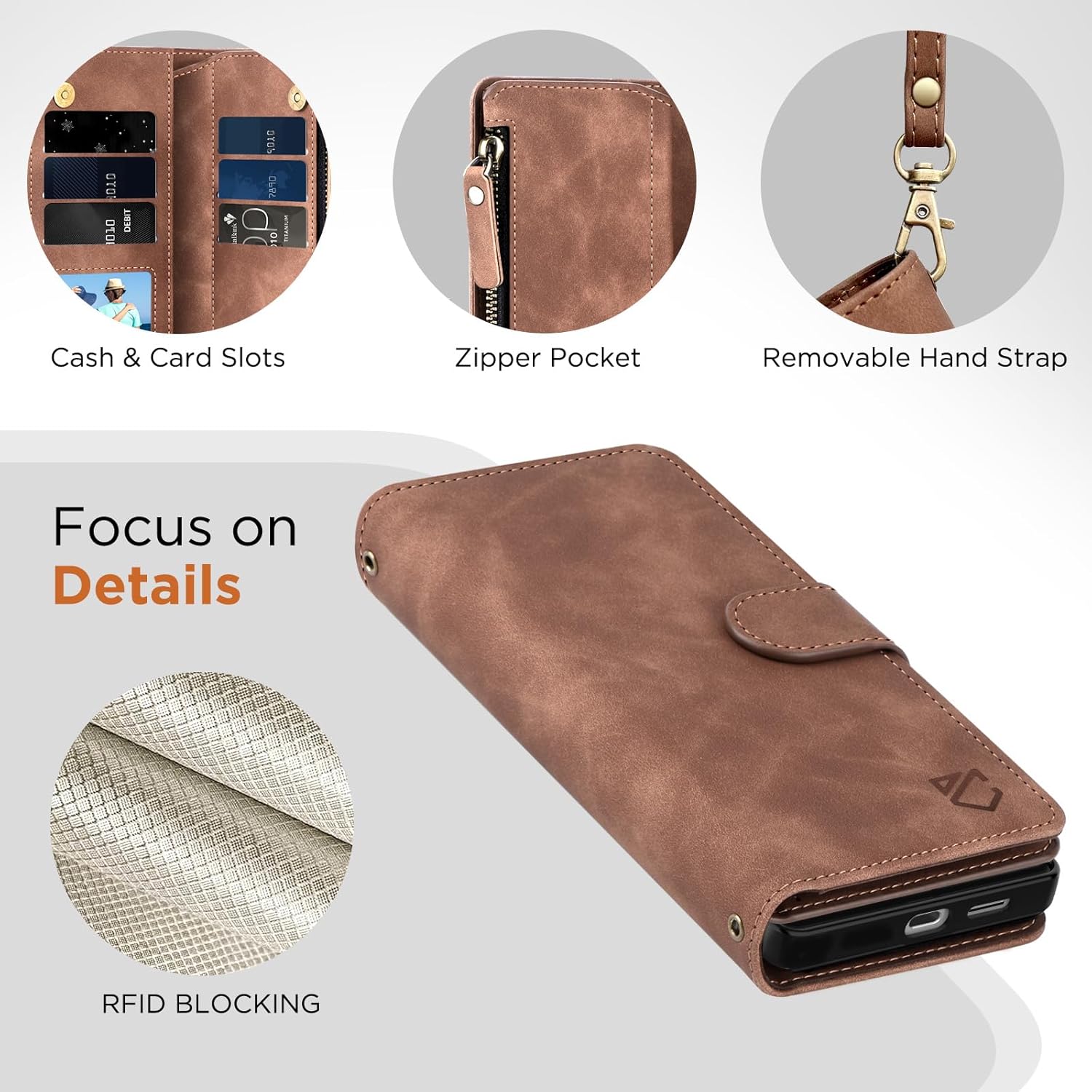 for Samsung Galaxy S25-Plus-Wallet Case: for Galaxy S24 Plus with RFID Blocking Card Slots (6 Cards) | Soft PU Leather Magnetic Snap Zipper Pocket Wrist Strap Protective Phone Cover - Brown - Image 4