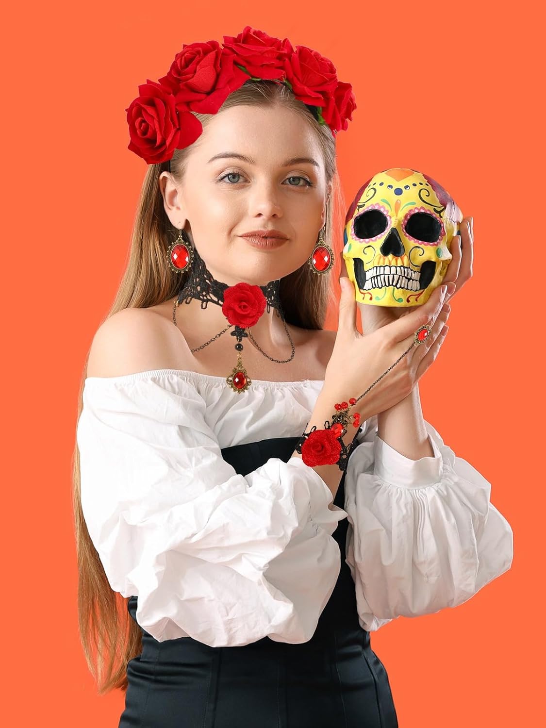 4 Pcs Day of the Dead Costume, Day of the Dead Flower Headpiece Lace Choker Black Lace Hand Harness Gemstone Earrings for Women Cosplay Party - Image 8