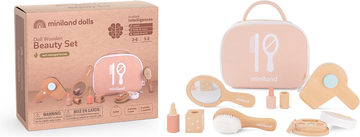 Miniland Doll Wooden Beauty Set - Quality accesory Set with 6 Wooden Pieces and 1 Carry case to Storage for Children from 3 to 6 Years