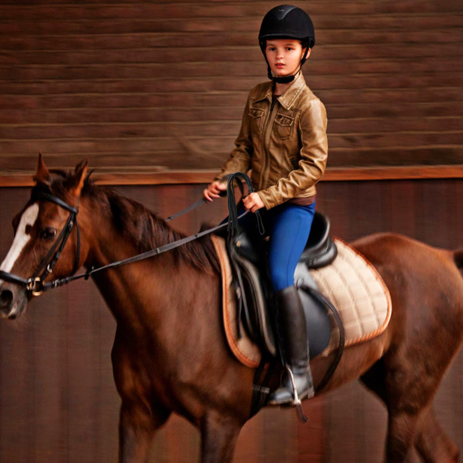 Fouet en Cuir Frangé d'Entraînement Équestre pour Sports d'Équitation (Noir)